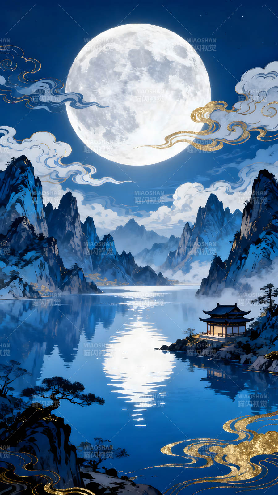 月夜山水亭臺景色-圖片