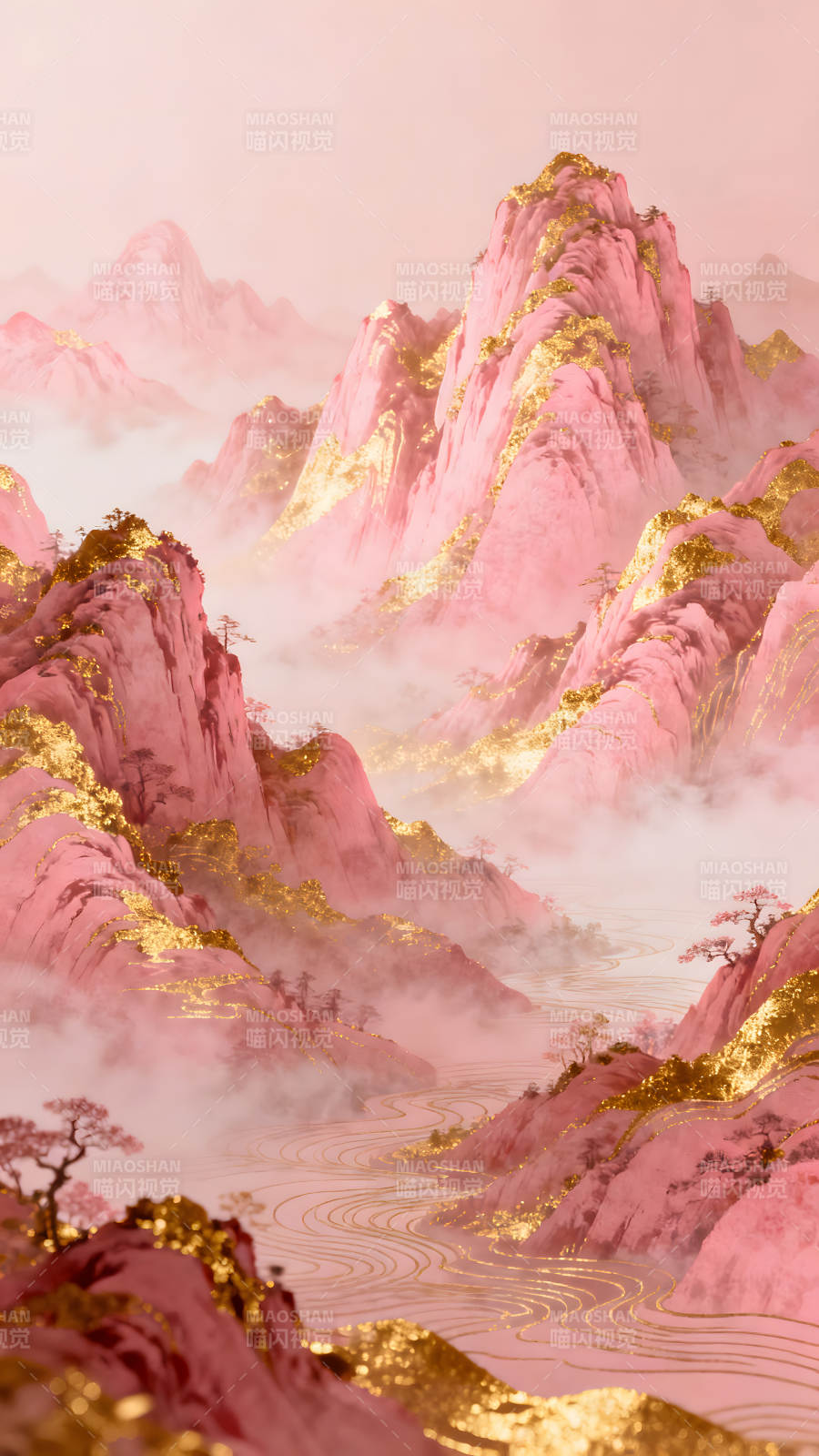 粉色山水画金色点缀仙境般意境-图片