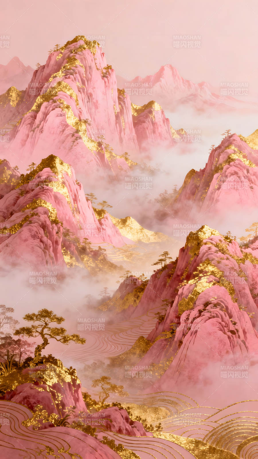 粉色山峦与金色纹理交织的仙境-图片