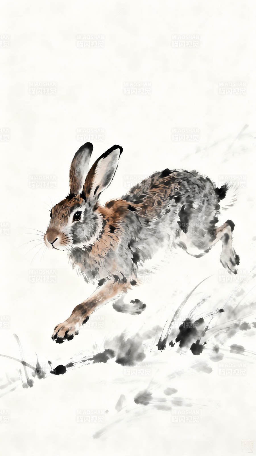 水墨風格的奔跑兔子-圖片