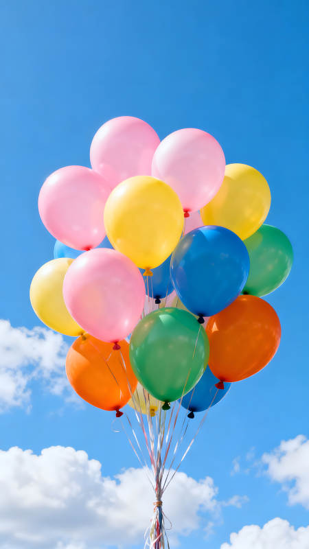 彩色氣球在藍天白云下飛翔-圖片