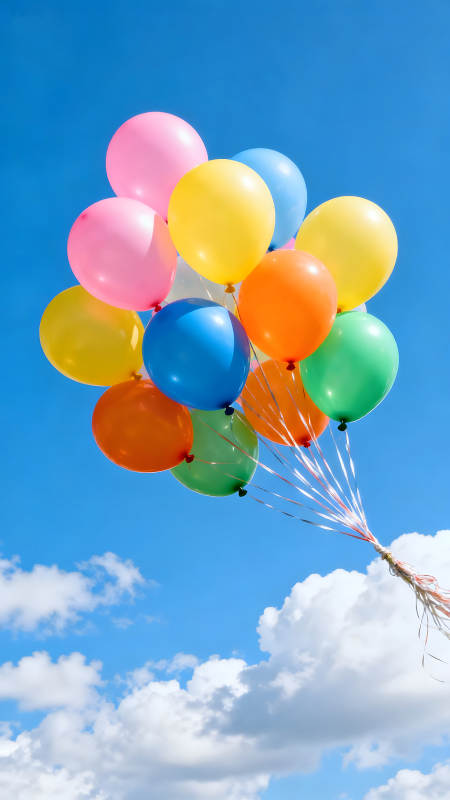 彩色氣球在藍天白云中飄揚-圖片