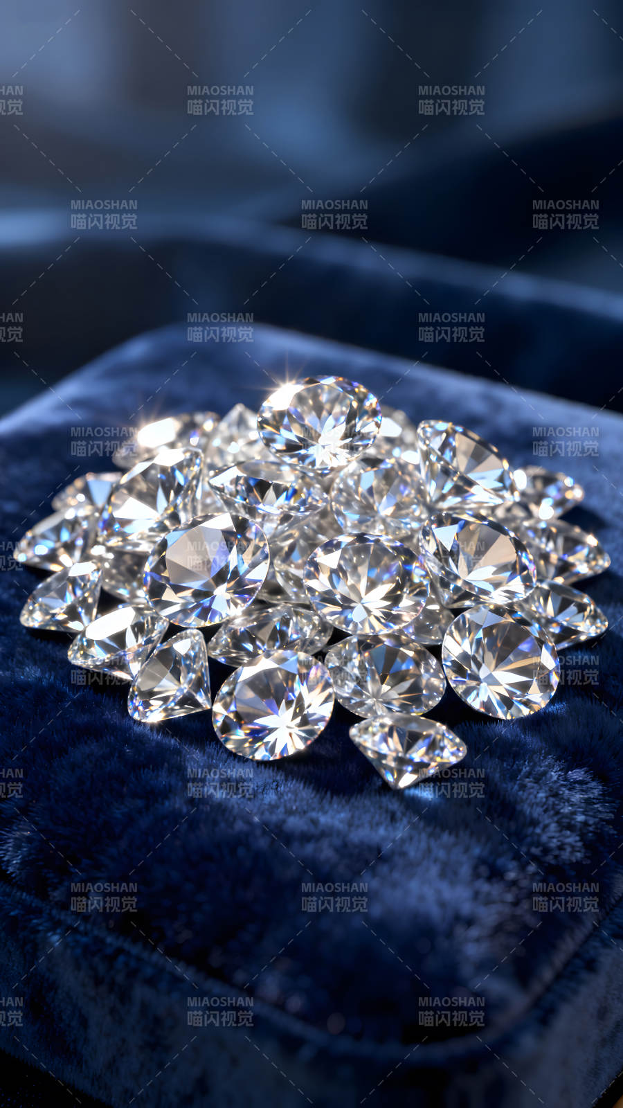 璀璨鉆石堆積于藍色絲絨之上-圖片