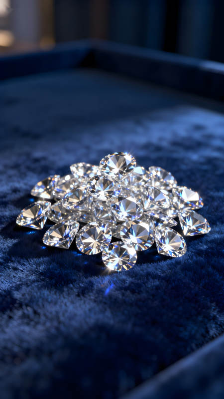 鉆石堆積在藍色天鵝絨上-圖片