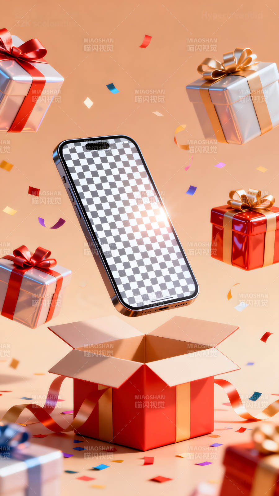 礼物与手机悬浮的庆祝场景-图片