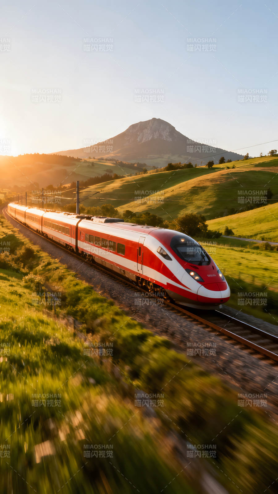 高速列車駛過美麗田園風光-圖片