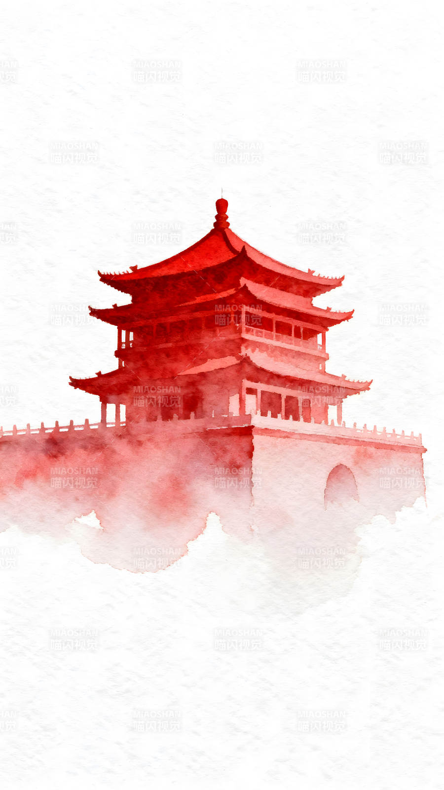 水彩風格的中國古建筑-圖片