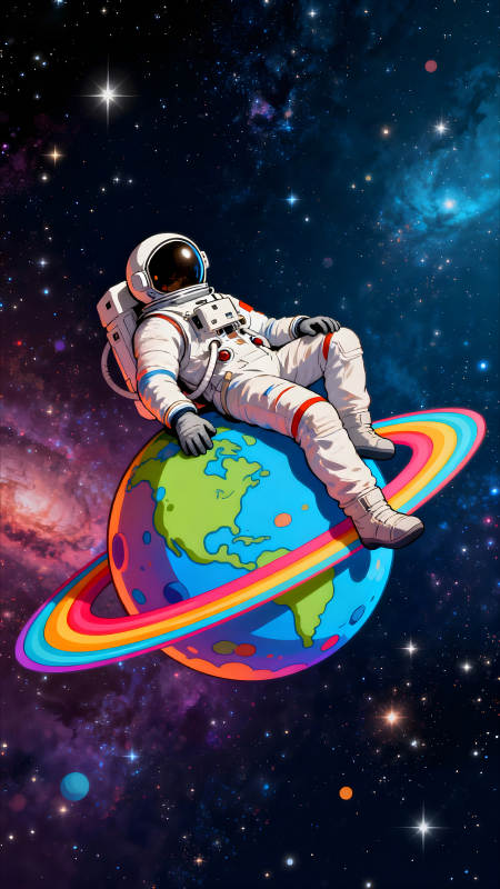 宇航員休憩于彩虹星球之上-圖片