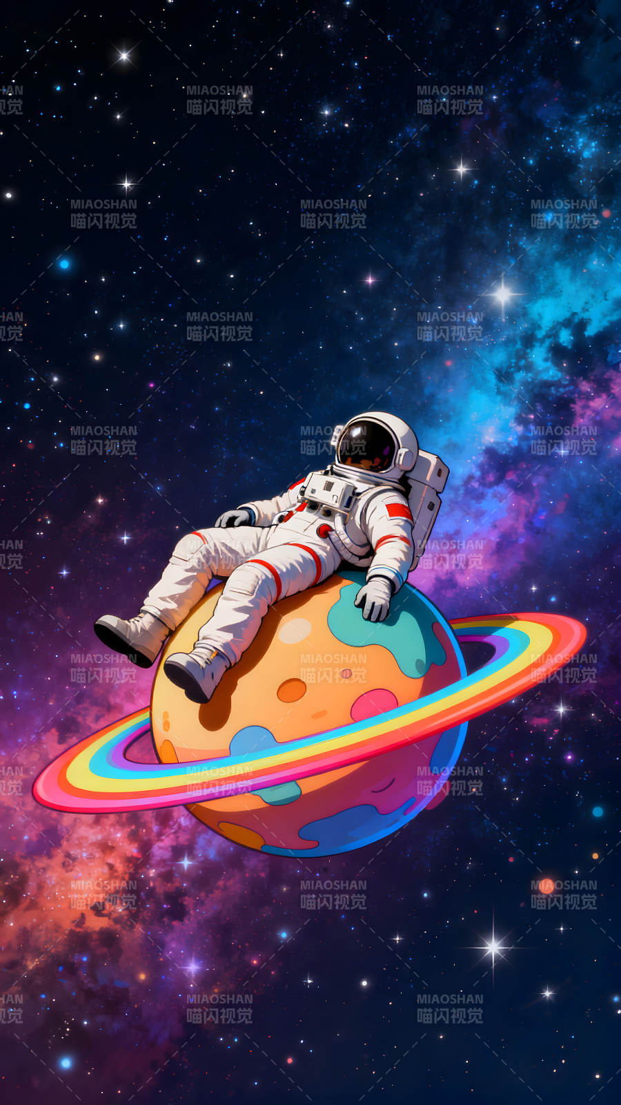 宇航員躺在彩虹星球上放松-圖片