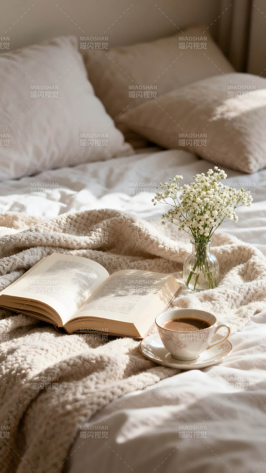 舒適愜意的床上時光閱讀放松-圖片