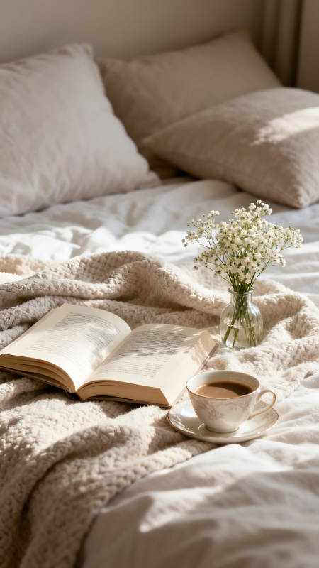 舒適愜意的床上時光閱讀放松-圖片