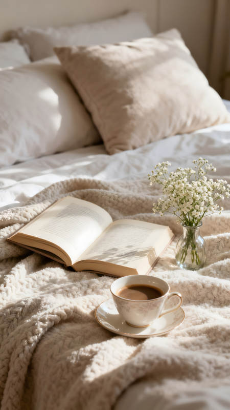 床上的書咖啡和花營造慵懶氛圍-圖片