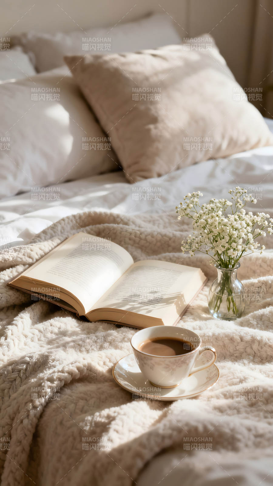 床上的書(shū)咖啡和花營(yíng)造慵懶氛圍-圖片