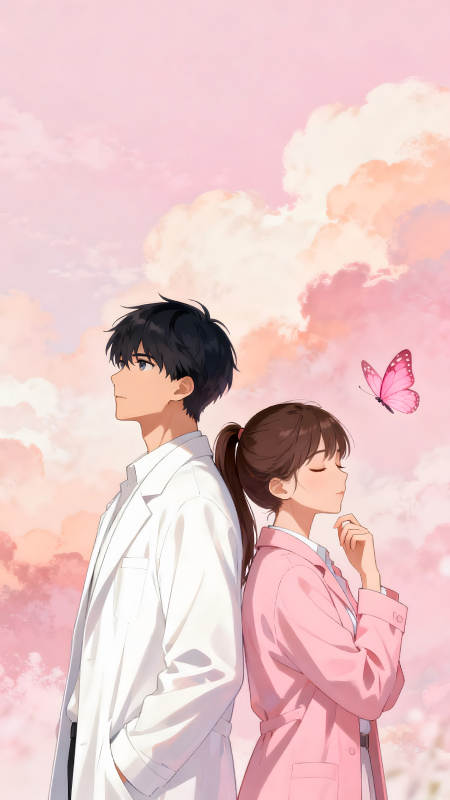 情侶背靠背看天空蝴蝶飛舞-圖片