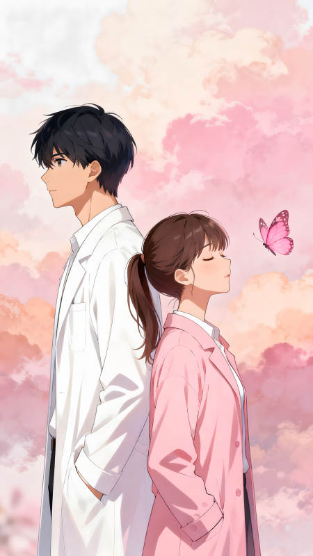 動漫情侶甜蜜相依背景粉色云朵蝴蝶-圖片