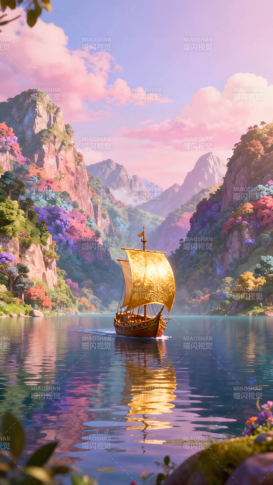 金色帆船航行于湖泊山川之間-圖片