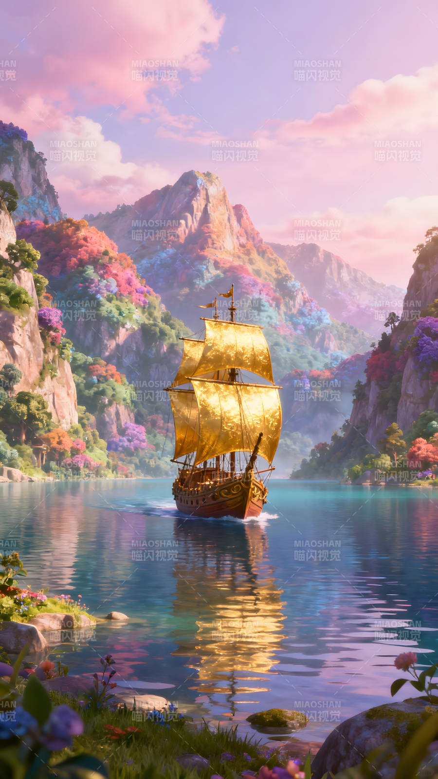 金色帆船航行在彩色山水之間-圖片