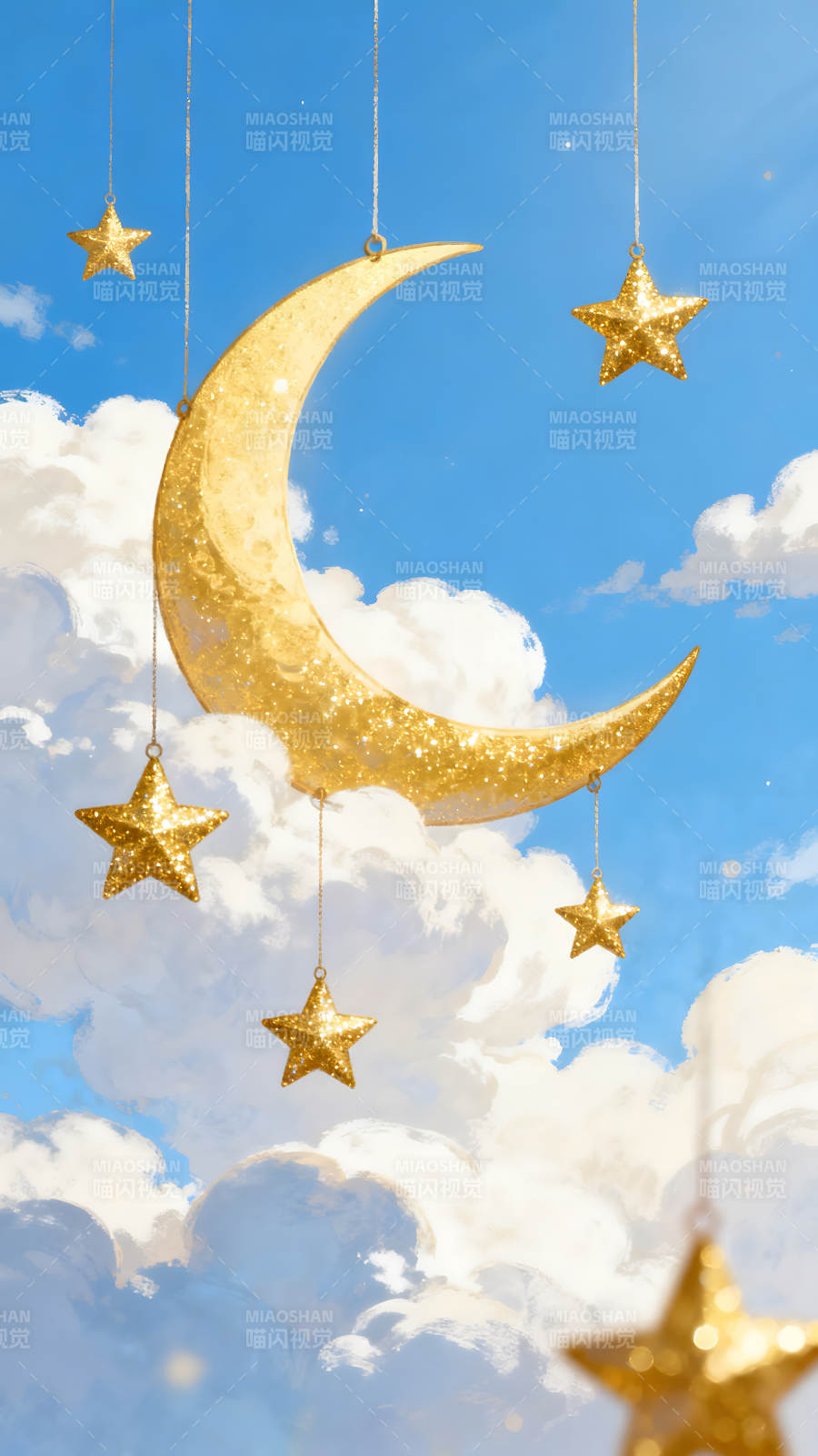 金色月亮和閃耀星星在藍(lán)天云彩中-圖片