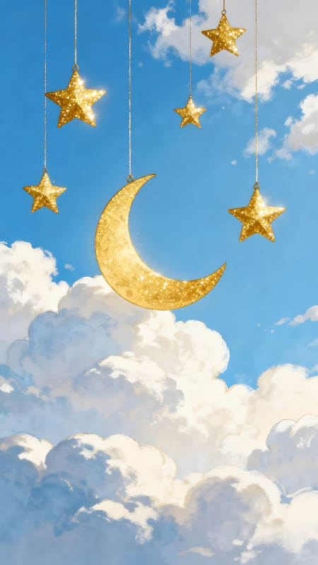 金色的月亮和星星點綴藍天-圖片