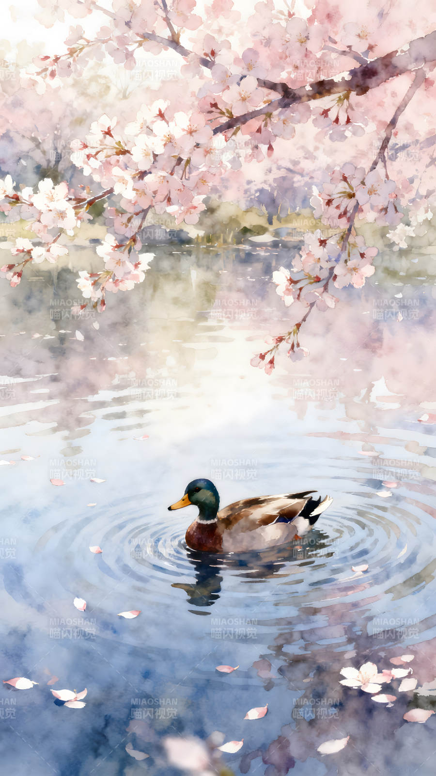 櫻花湖畔野鴨嬉戲-圖片