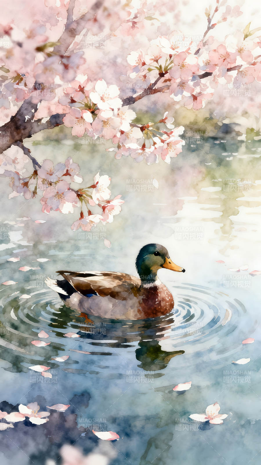 水彩櫻花鴨子-圖片