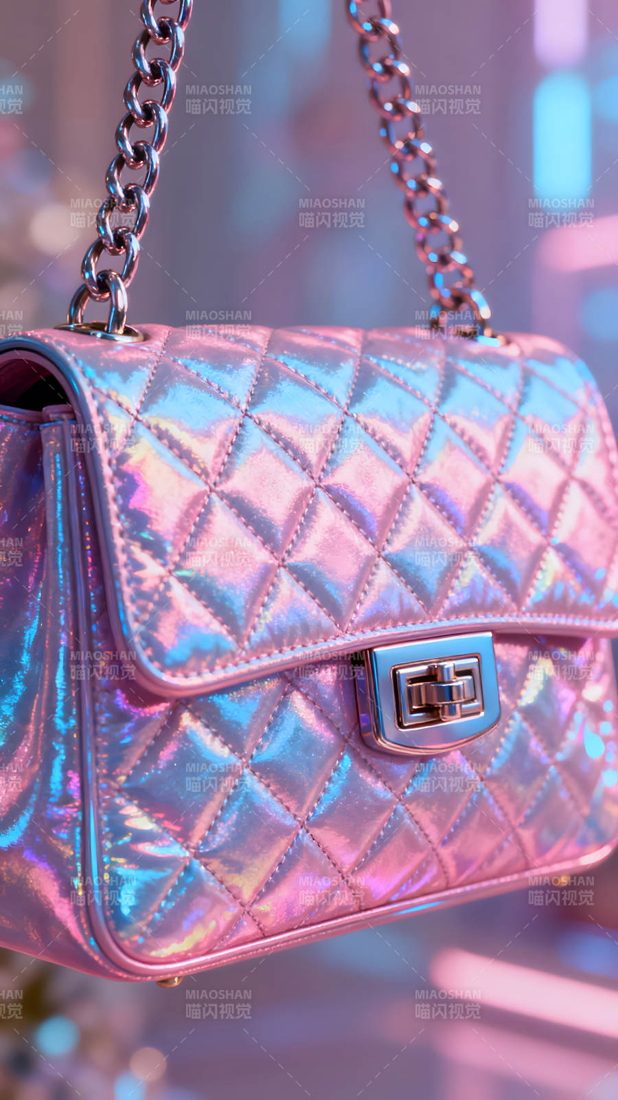 粉色珠光菱格鏈條包唯美光影-圖片
