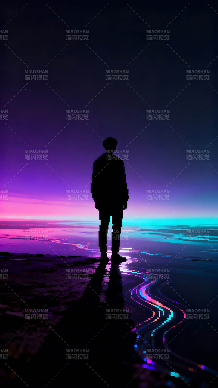 像素人剪影立于霓虹幻彩之境-圖片