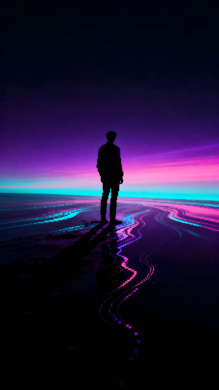 人影佇立幻彩海灘夜空-圖片