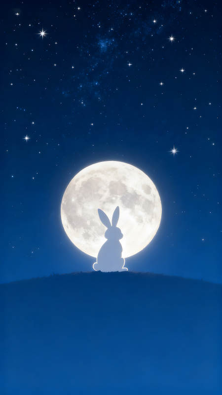 兔子賞月星空背景皎潔月亮-圖片