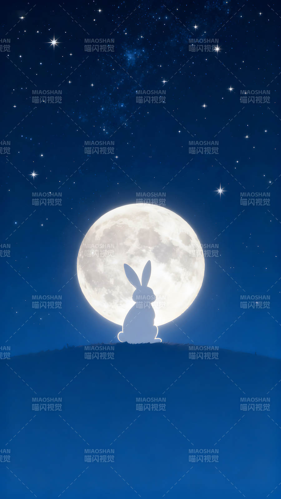 兔子賞月星空背景皎潔月亮-圖片