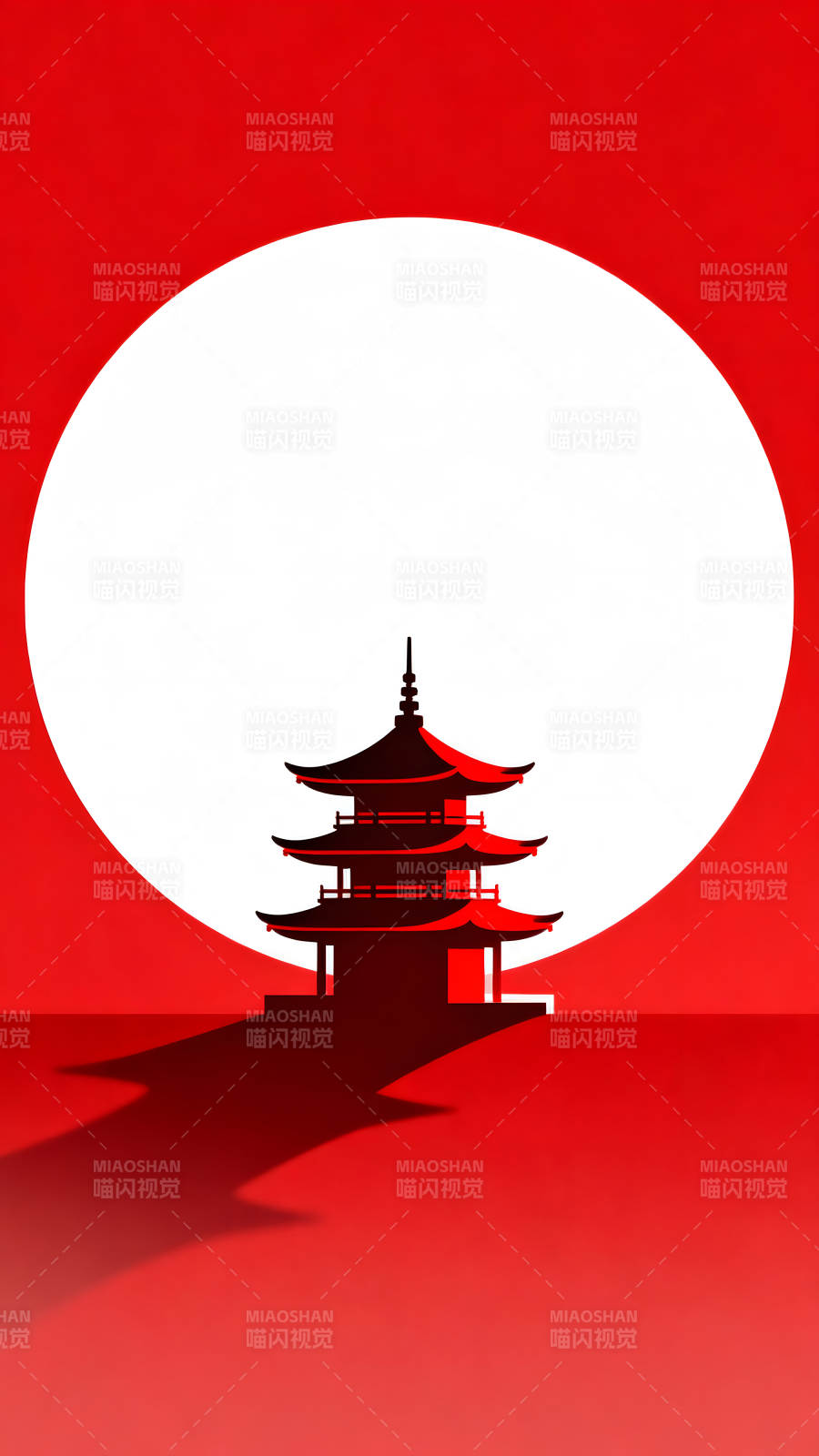 红色背景下的日本宝塔剪影-图片