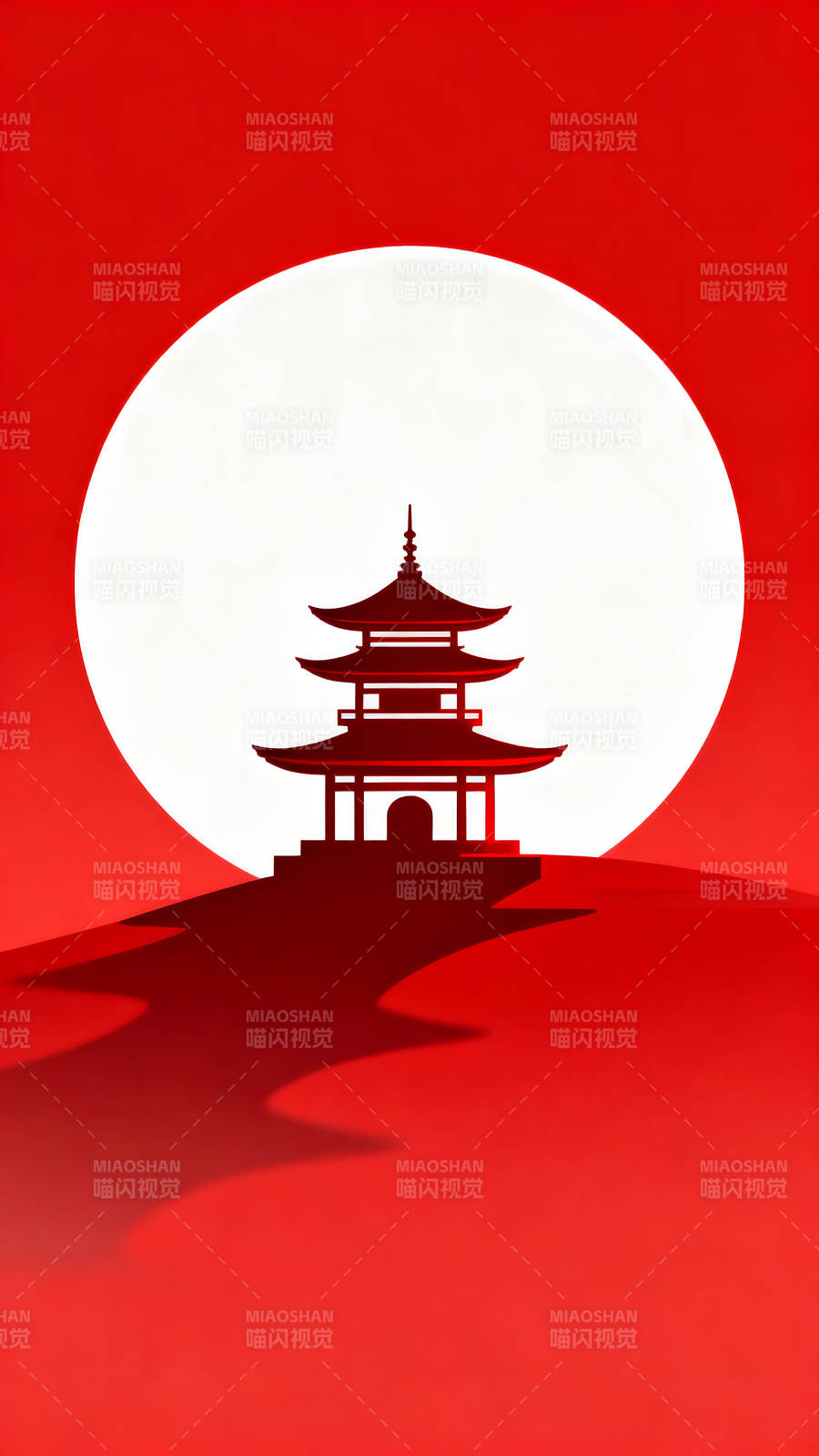 红色背景下的日式塔楼剪影-图片