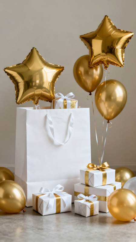 金色的氣球和禮品盒慶?；顒?圖片