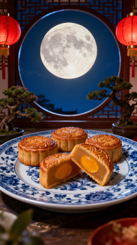 中秋月餅團圓夜月色皎潔-圖片