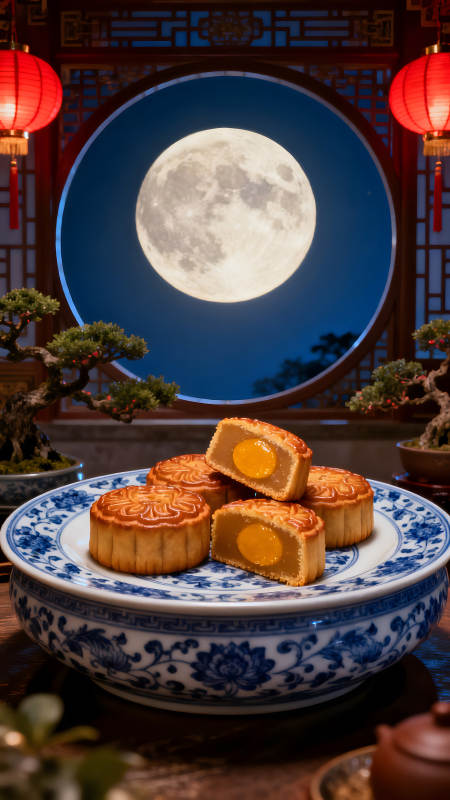 月餅與圓月的中秋節-圖片