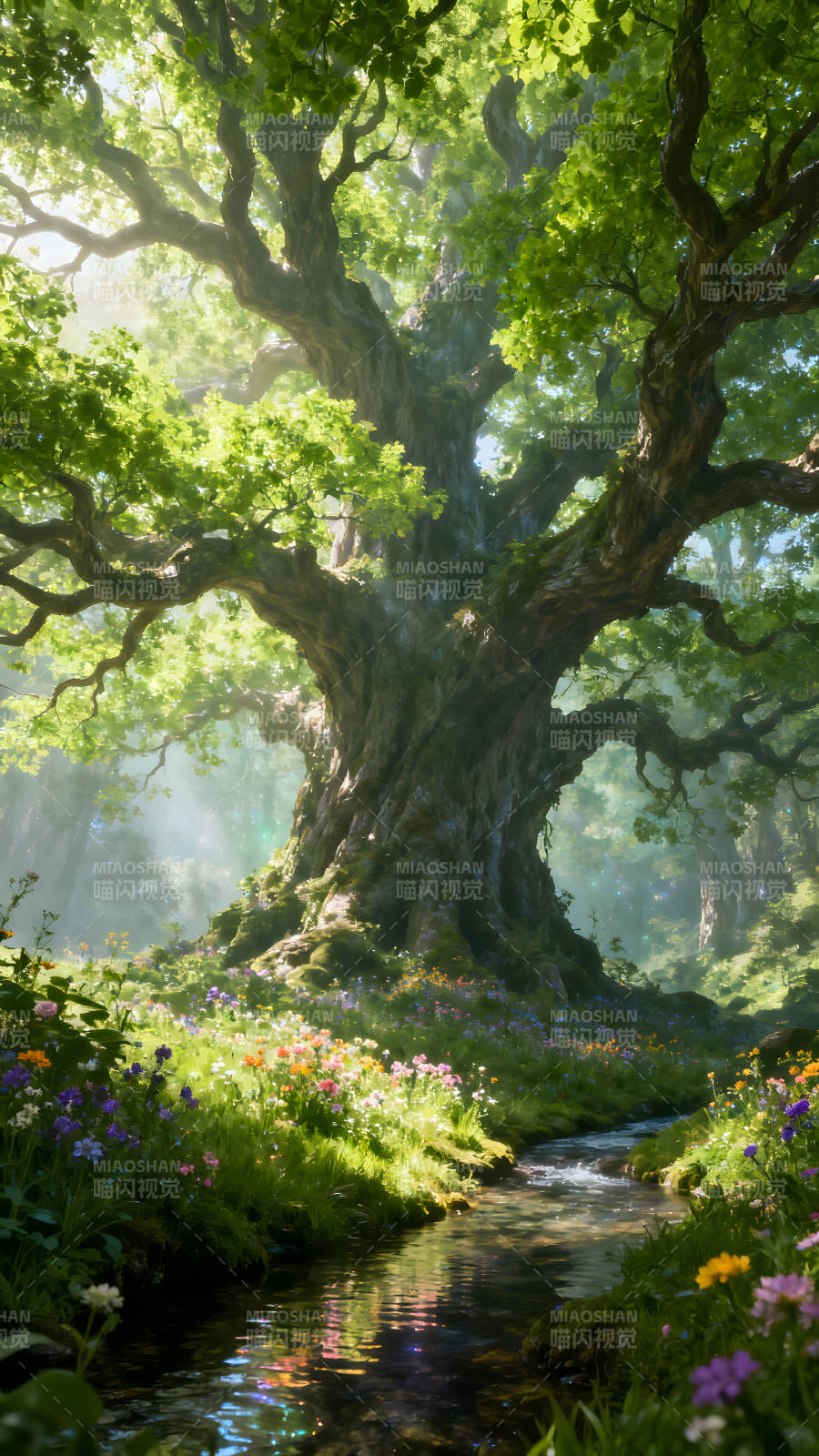古樹下的夢幻森林小溪-圖片
