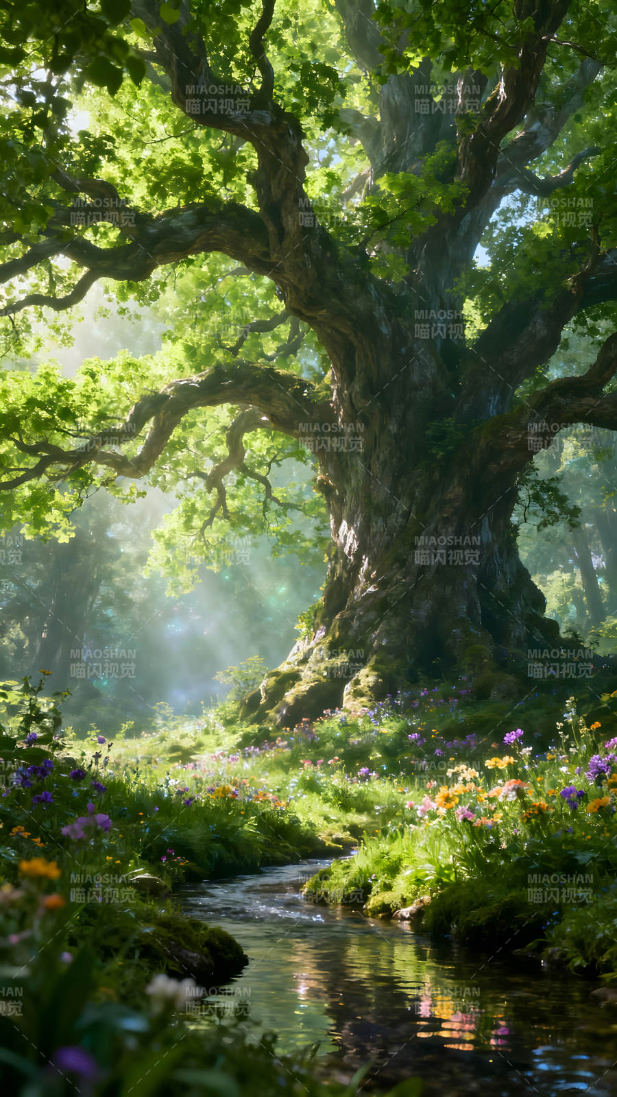 茂密森林參天大樹溪水潺潺-圖片