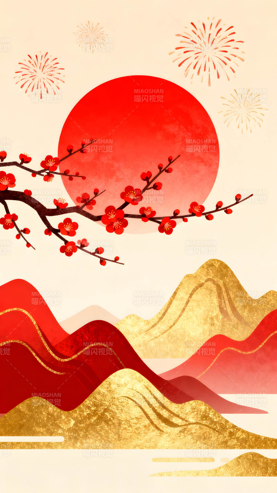 日出梅花山水风景画-图片