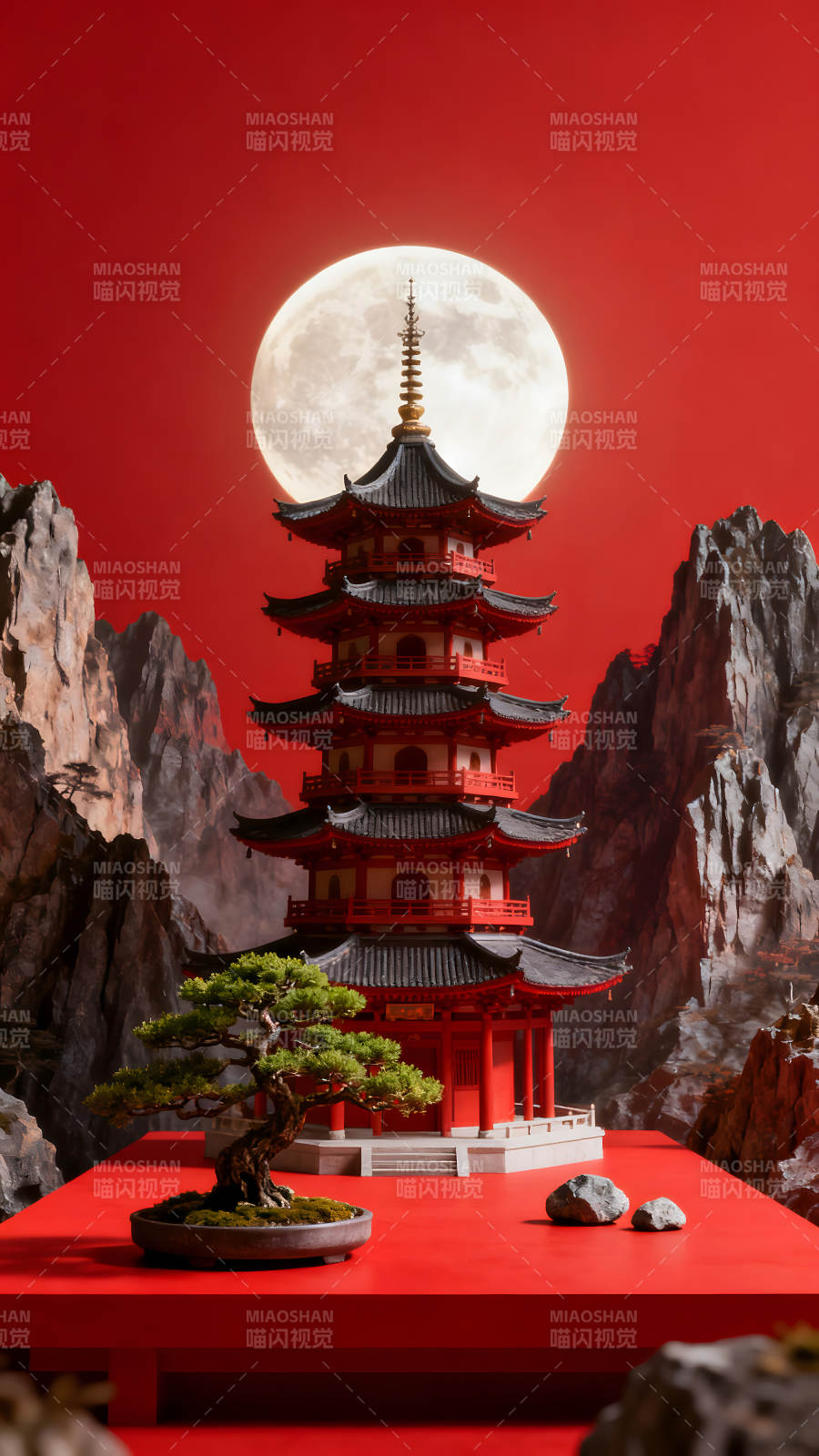 紅色背景下的日本寶塔與滿月-圖片