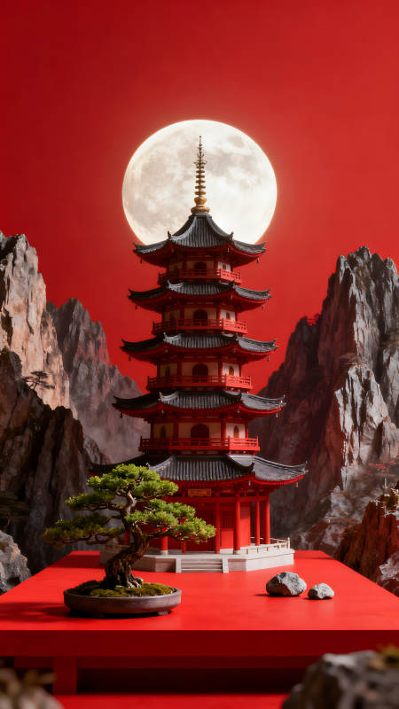 紅色背景下的日本寶塔與滿月-圖片