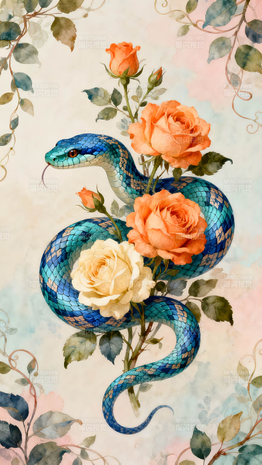 蛇與玫瑰唯美畫作-圖片