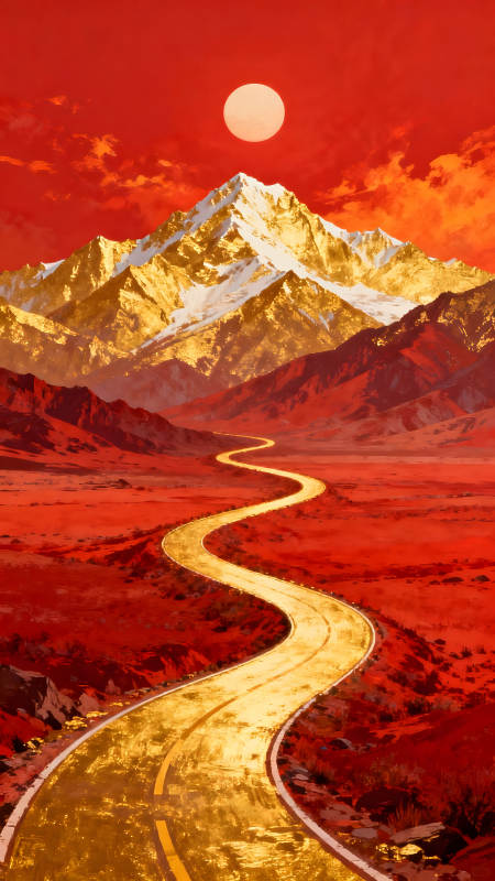 金色道路通往金山夕陽下的紅色山脈-圖片