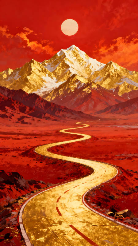 金山之路紅色世界彎曲公路夕陽景色-圖片