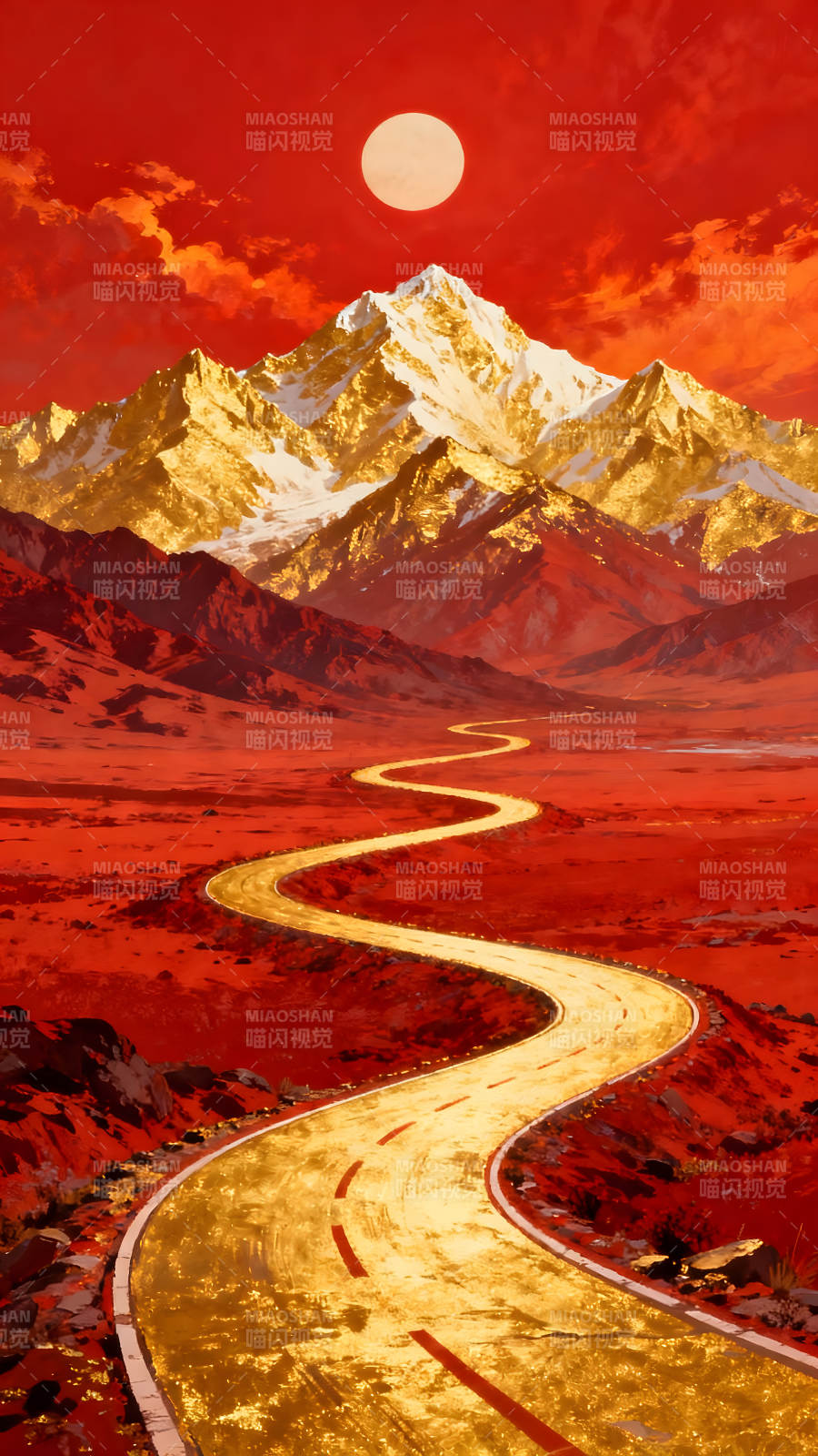 金山之路紅色世界彎曲公路夕陽景色-圖片