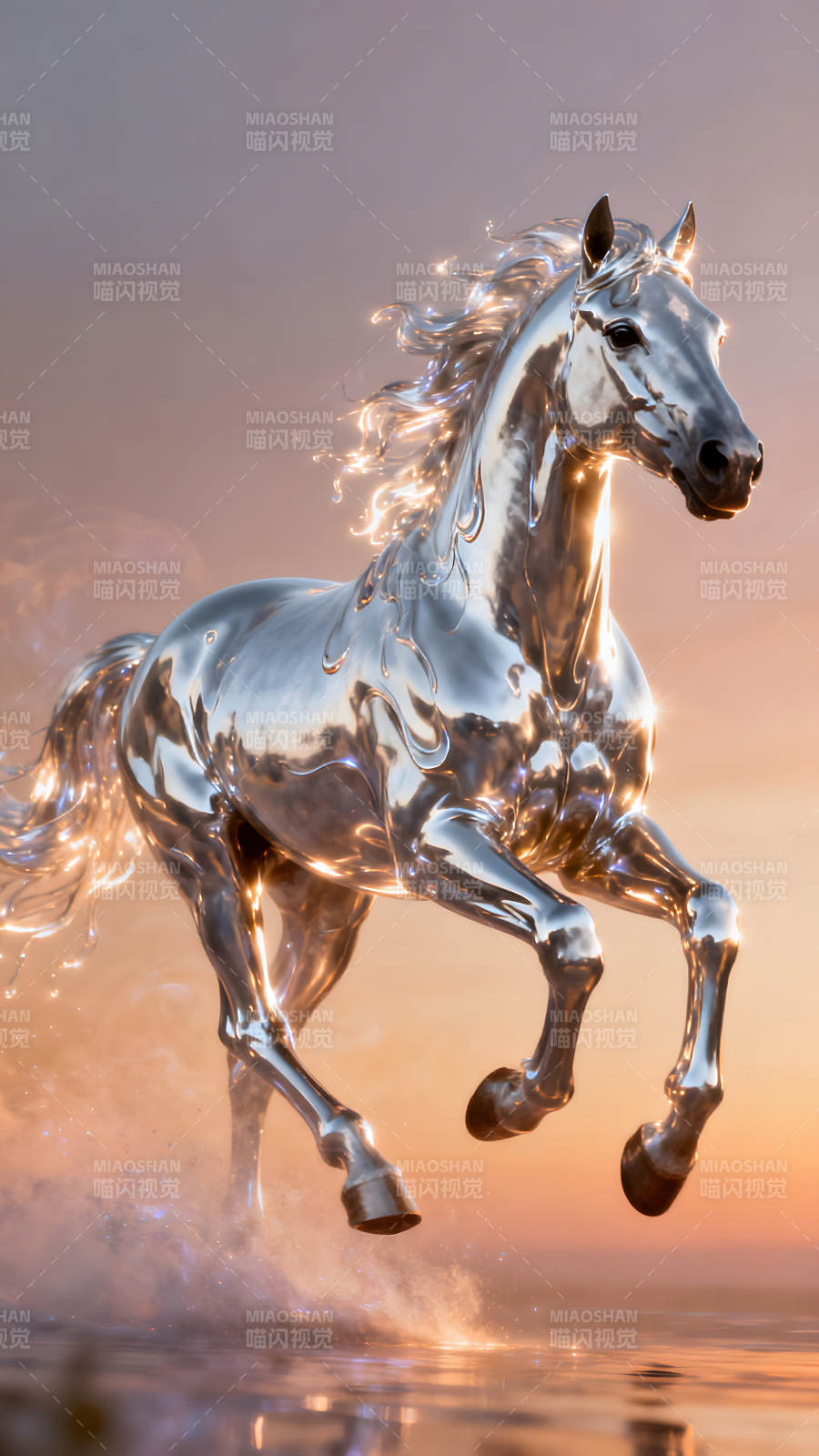 銀色駿馬騰空飛躍光芒四射-圖片