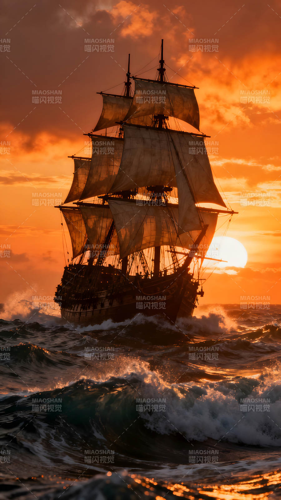 航船夕陽海浪壯麗景象-圖片