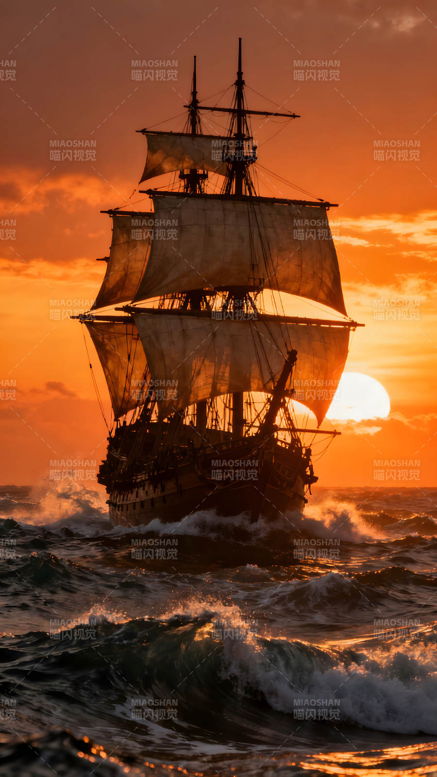 航船破浪而出夕陽(yáng)映照光輝-圖片
