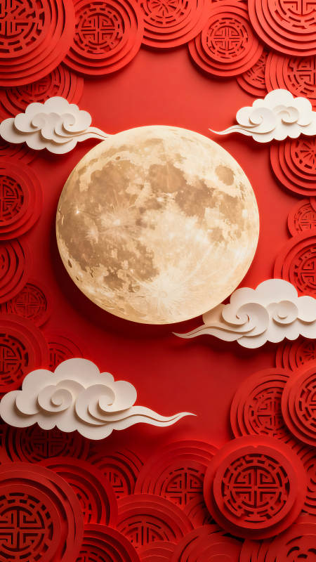 中秋節(jié)主題祥云滿月紅紙-圖片