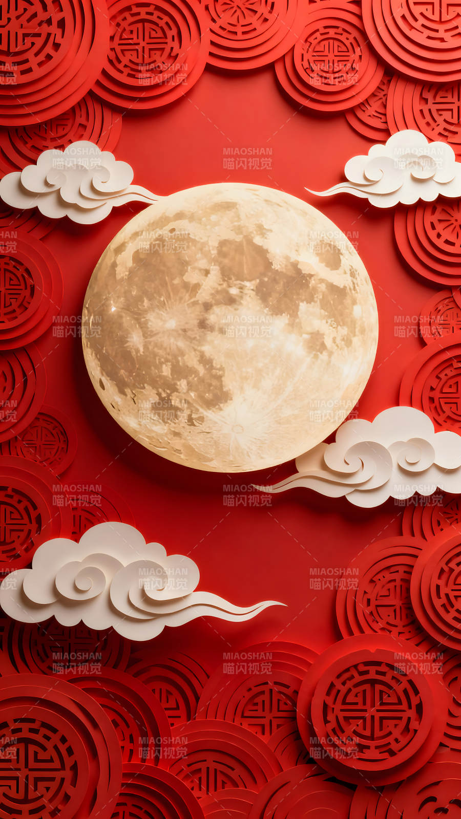 中秋節主題祥云滿月紅紙-圖片