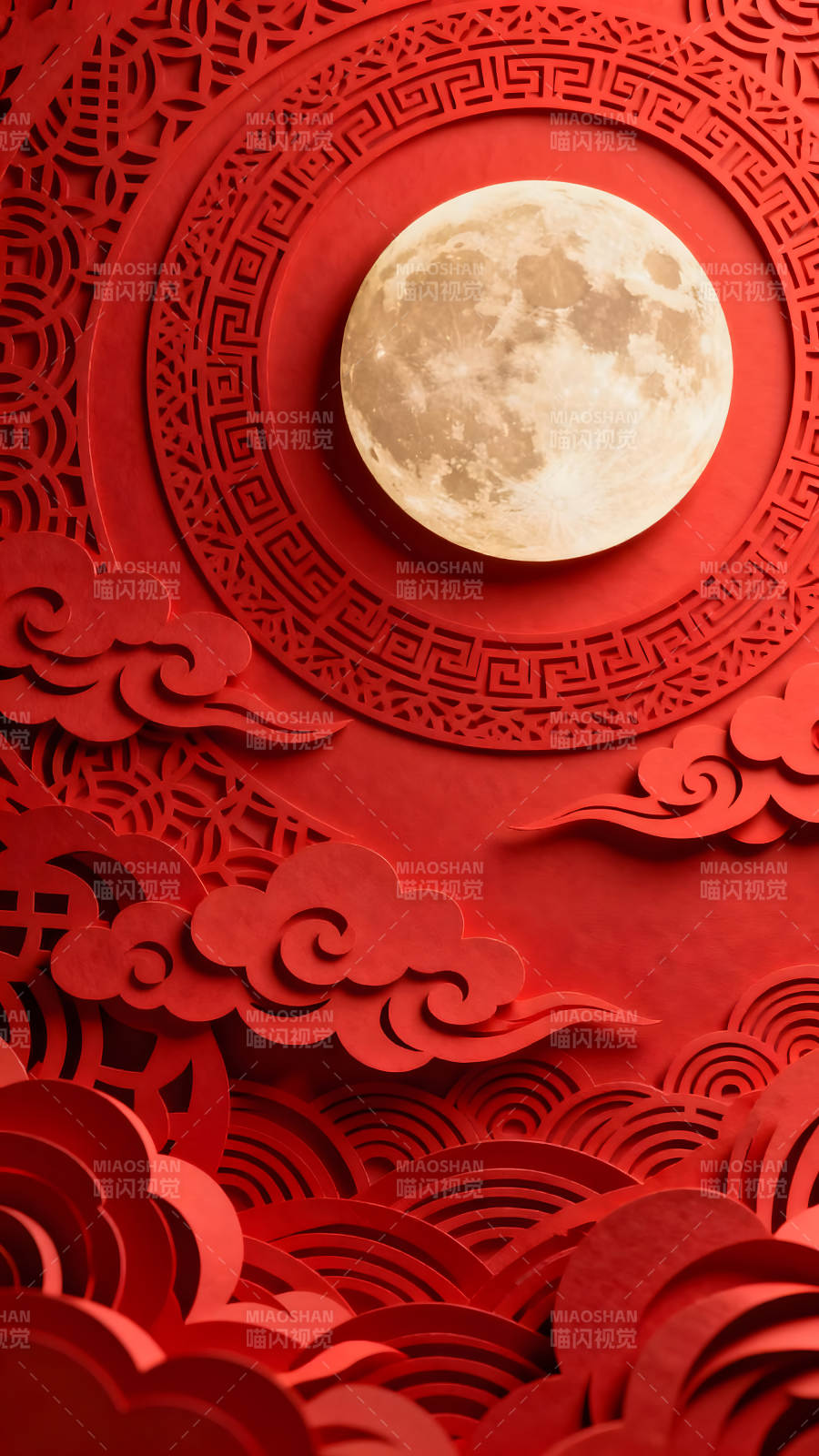 红色的月亮与祥云的剪纸艺术-图片